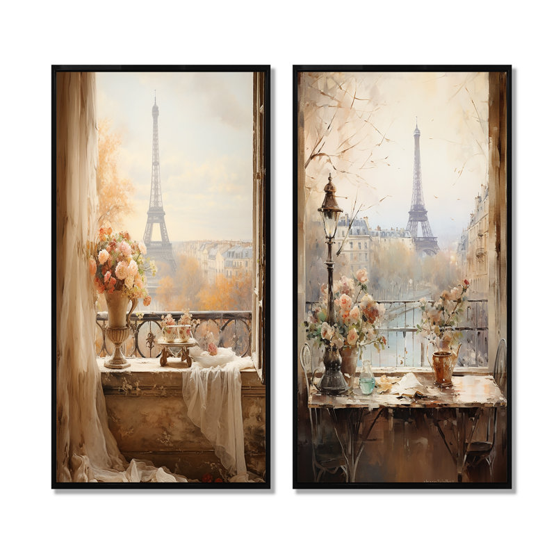 Paris, printemps, balcon, élégance I, ensemble de 2 reproductions d'art sur toile Paris, Cadre flottant noir