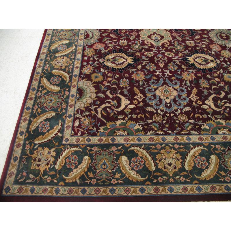 Oriental Hand-Knotted Wool Burgundy/Green/Ivory Area Rug, Rectangle 8'1" x 10'1"