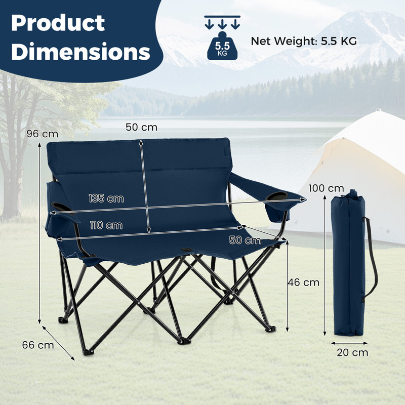 Oversized Double Camping Chair 2-Person Heavy Duty Lawn Chair, Blue