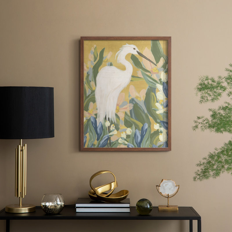 Floral Egret II, reproduction encadrée - bois massif, Noyer, H 30 po x l 24 po