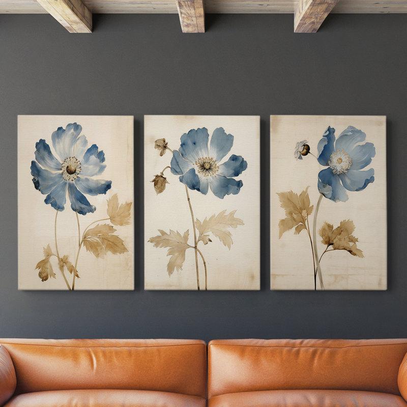 Étude florale XXI - ensemble de 3 toiles tendues avec châssis - prêt à être accroché, H 27 po x l 18 po