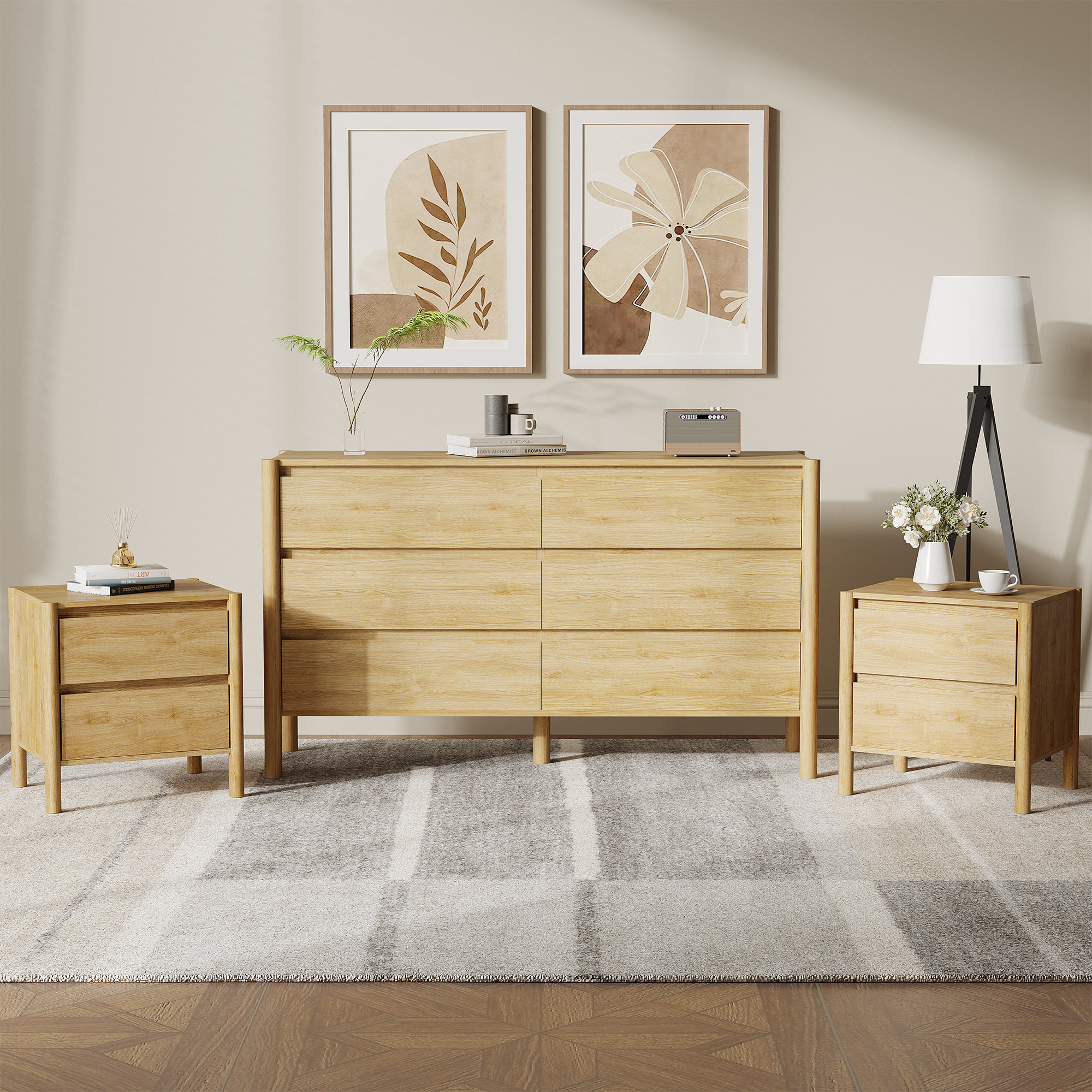 beige dresser and nightstands Ebern Designs 3 Piece Bedroom Set,6-drawer 2 Nightstands,beige & Reviews Wood dresser