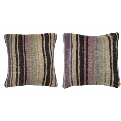 16 po x 16 po ENSEMBLE DE 2 - Housses de coussin Kilim tissées à la main. Coussins rétro. Coussins décoratifs turcs. Une paire de housses de coussin en dentelle