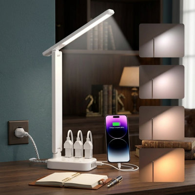 Power Strip With Led Desk Lamp, 3 Outlets, 4 Usb Ports (2 Usb C), 5-level Touch Light, 4 Modes, 5ft Extension Cord