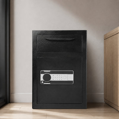 2.5 cubic foot coin-operated safe, with coin slot, electronic combination lock and two emergency keys, suitable for storing cash and mail in various scenarios.
