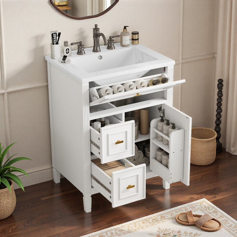 Meuble-lavabo 24 po avec lavabo, meuble-lavabo avec un tiroir rabattable et deux tiroirs, tablette réglable