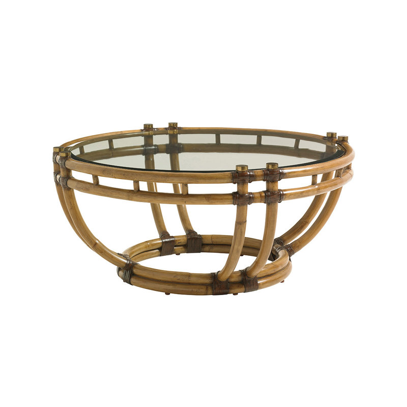 Transitional 42" Round Wood & Metal Cocktail Table in Warm Umber