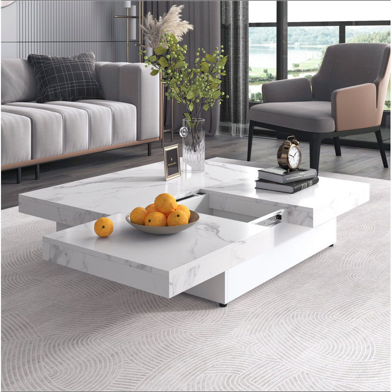 Table basse carrée en placage de marbre avec plateau coulissant et rangement