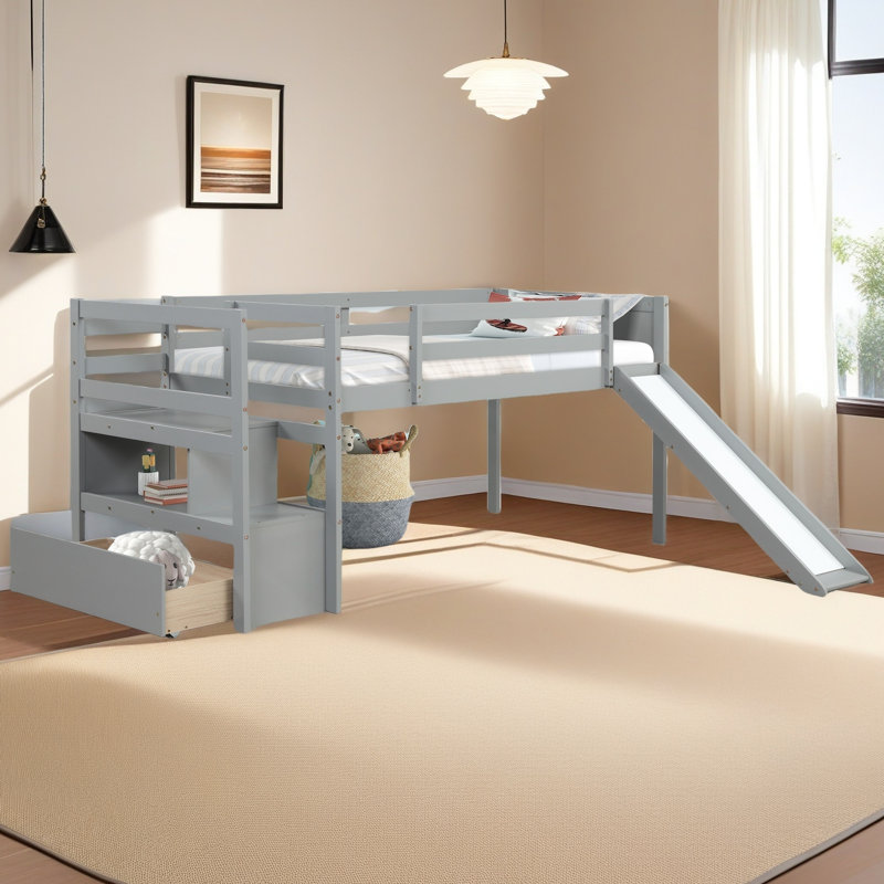 Lit simple mezzanine bas avec escalier, Gris