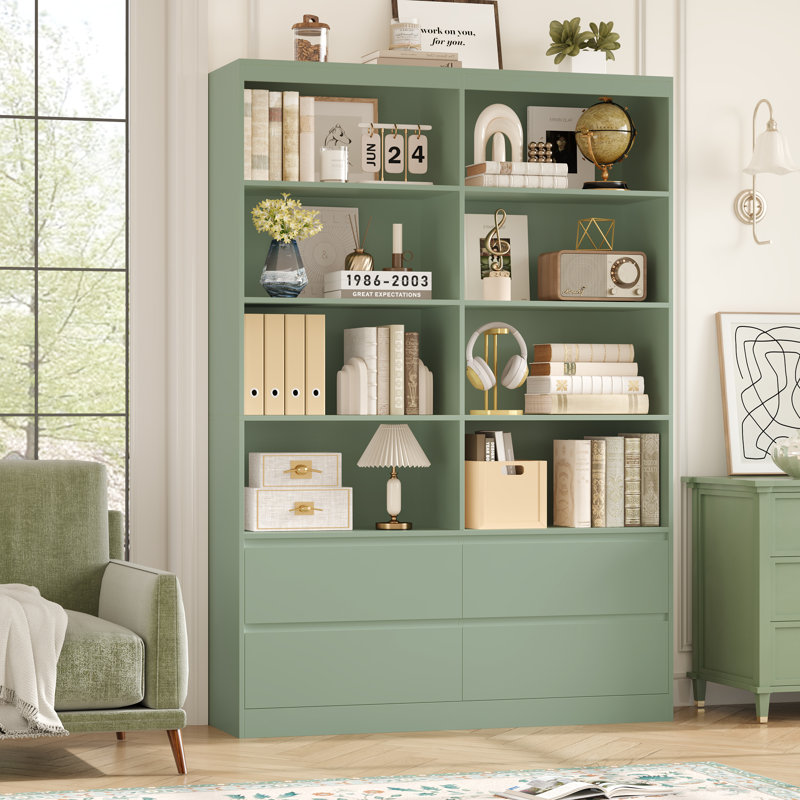 Bibliothèque 70 "H 70,9" x l 47,2 "à 4 niveaux avec 4 tiroirs de rangement, Vert