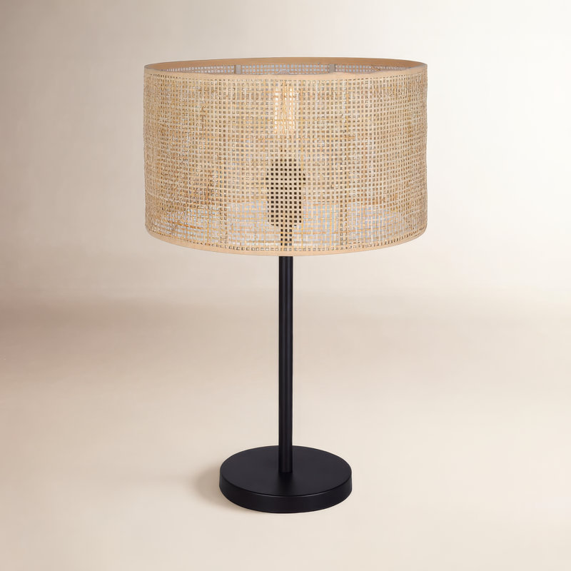 Romola Lampe de table noir mat avec abat-jour en rotin naturel et interrupteur à 3 voies, Naturel