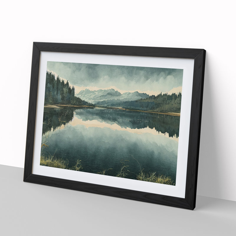Mountain Lake Watercolour Vol.2 - Single Picture Frame Print, 46cm H x 64cm W x 2cm D, Black Framed