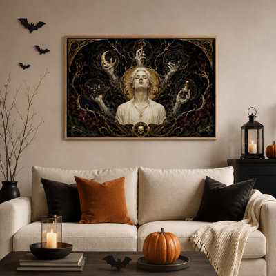 Tableau sur toile d'Halloween représentant un homme blond avec une auréole dorée et des mains flottantes