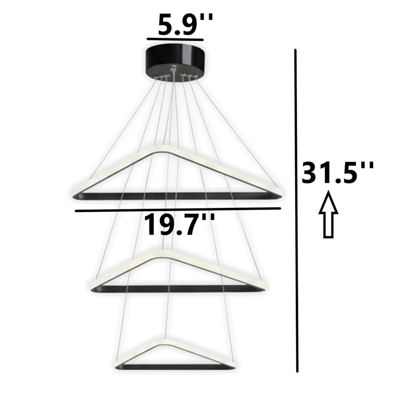 Lustre moderne triangulaire à DEL à trois niveaux - hauteur réglable, 4000 Kelvins, Noir