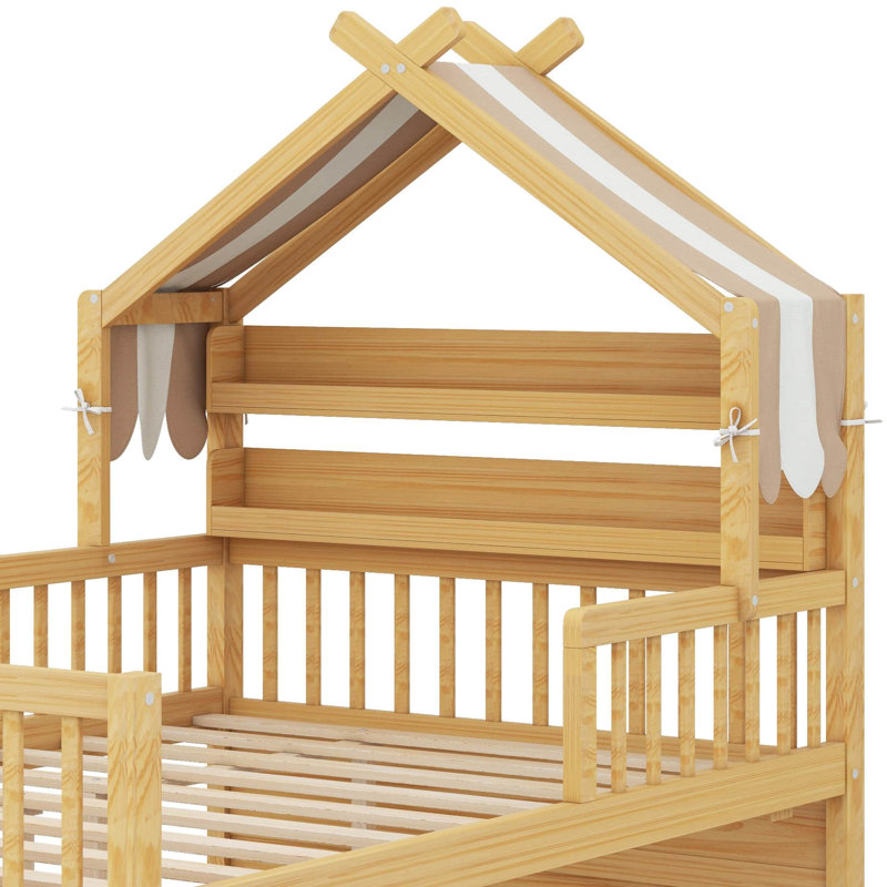 Structure de lit plateforme en bois avec tablette de tête de lit, auvent amovible et garde-corps, Naturel, Lit double