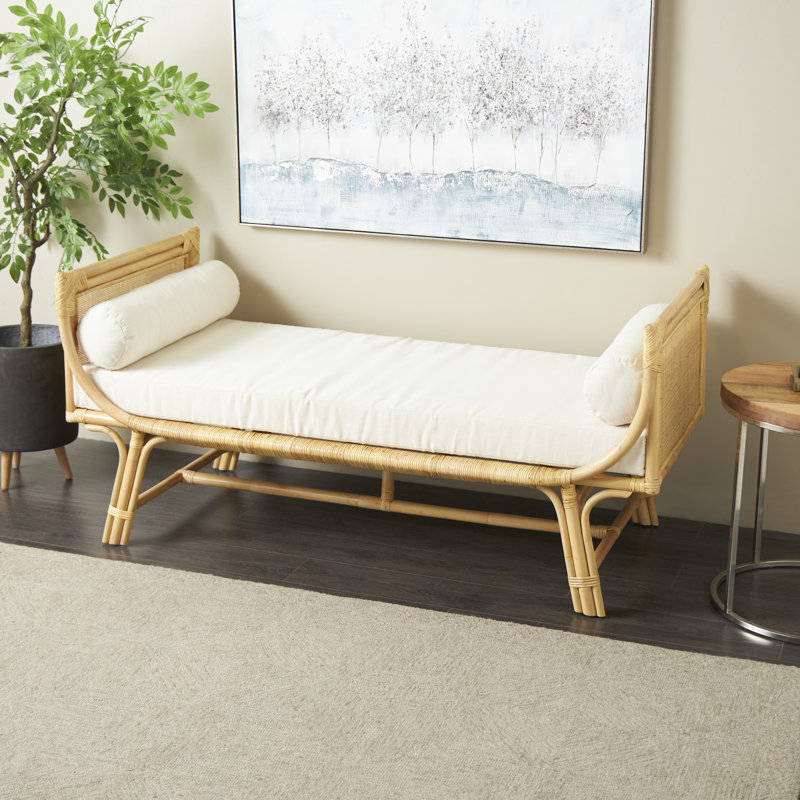Banc en rotin Cole et gris avec siège et coussins latéraux en tissu blanc