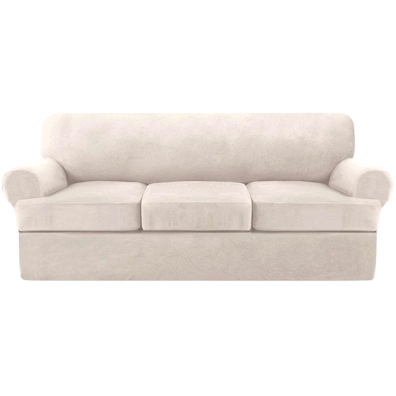 Housse en velours extensible pour canapé en T de 4 pièces pour 3 housses de canapé avec 3 housses de coussin en T individuelles Lavable à la machine