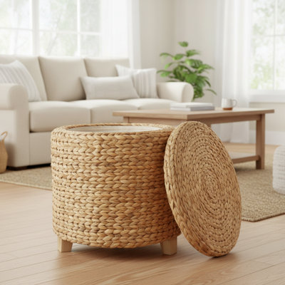 Natural Handwoven Round Footstool With Lid And Storage Design. Suitable For Living Room, Bedroom, Bathroom, Home Office, Or Any Other Space.