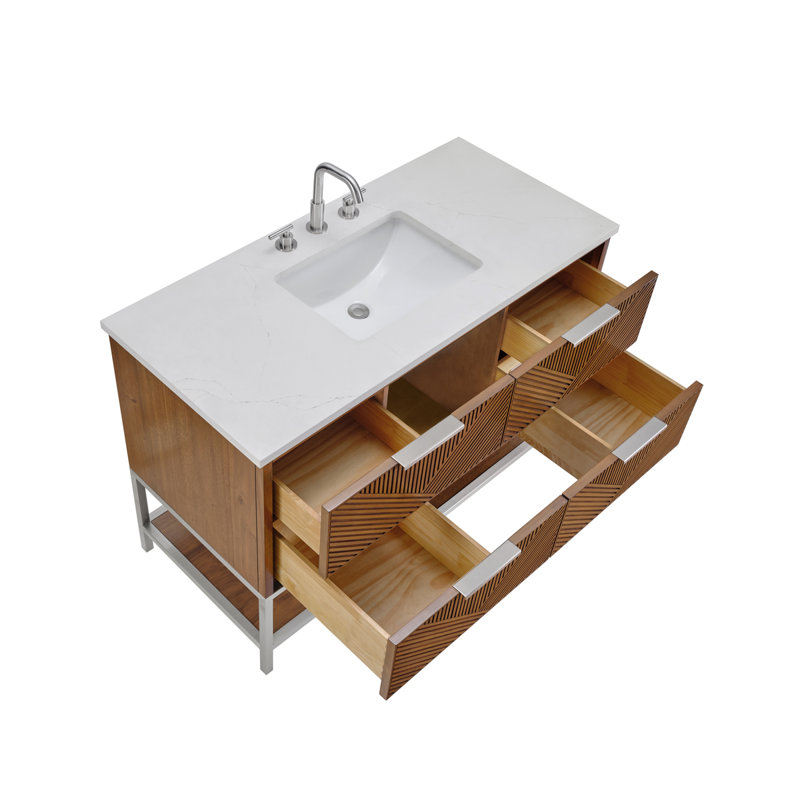 Ensemble de meuble-lavabo 48 po Diamond, Quartz Calacatta, Nickel brossé, Noyer