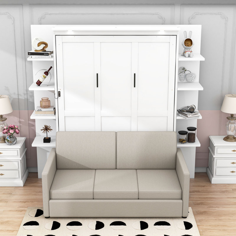 Grand lit escamotable en bois avec canapé, Blanc
