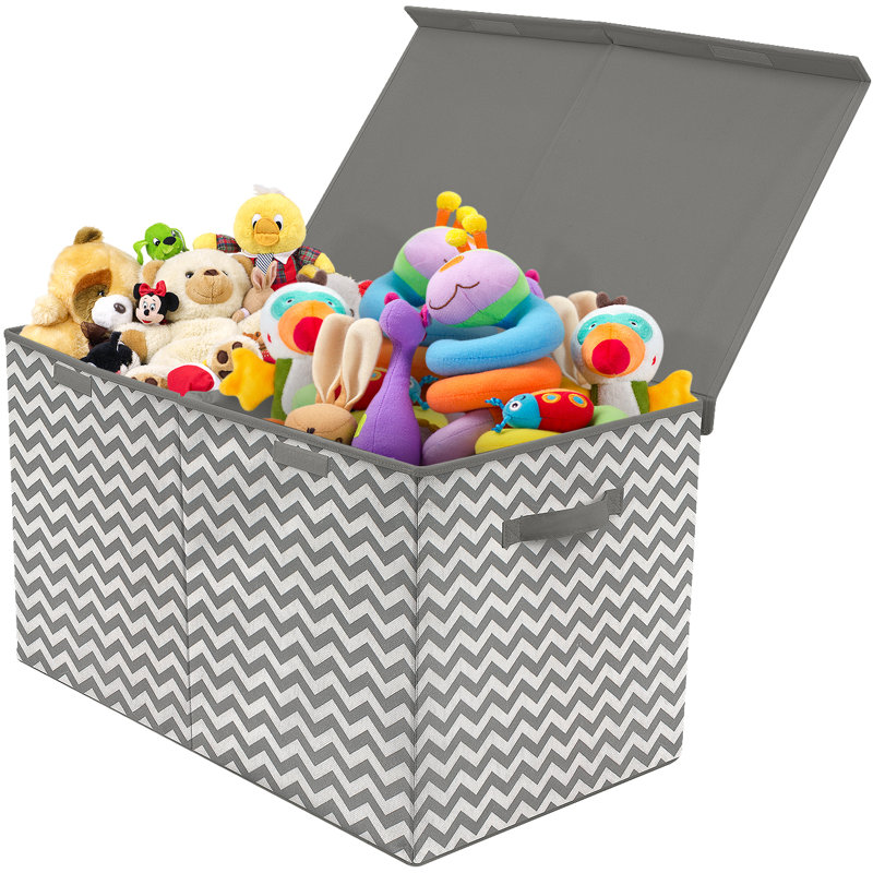 Silver Chevron Large Collapsible Toy Storage Chest with Lid