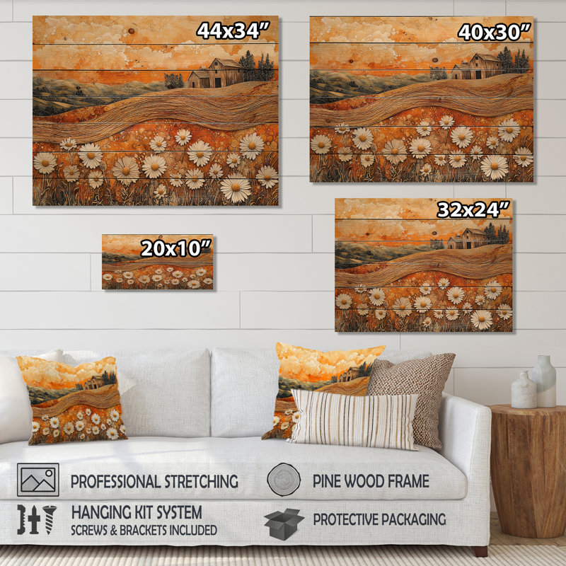 «Daisies Flowers Barn Bold Landscape II» - impression sur bois de marguerites - sur bois de pin naturel