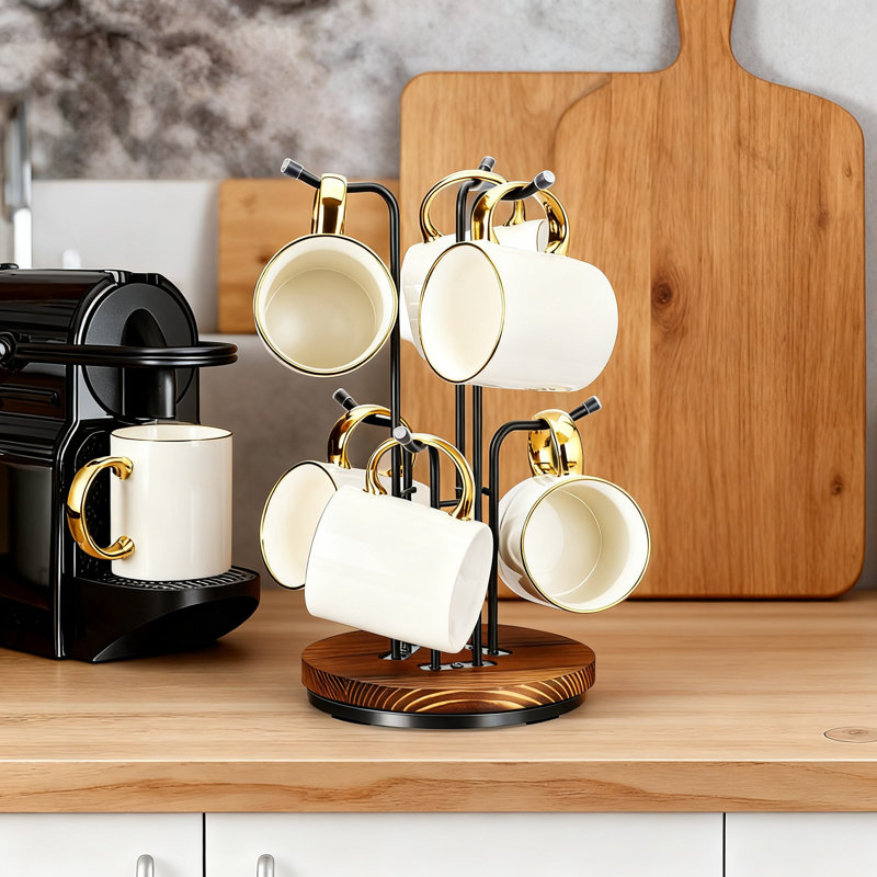 Arbre à tasses rotatif, support à tasses à café en métal avec base en bois, 6 crochets (noir)