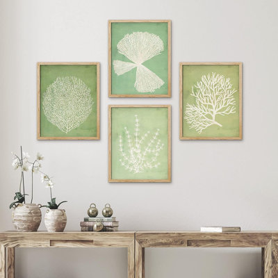Minimal botanique IDÉE4WALL encadré menthe vert océan mer corail, ensemble de 4 impressions de nature sauvage, décoration murale botanique floral pour le salon, chambre encadrée, impression de 4 pièces