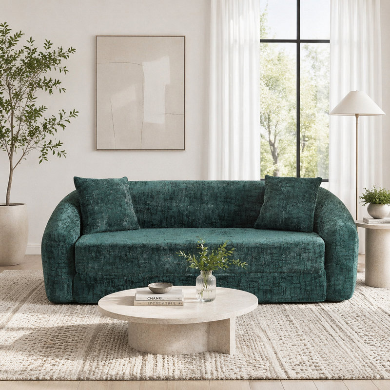 Canapé inclinable incurvé convertible, canapé-lit 2 en 1 escamotable, avec base escamotable et siège profond, comprend deux coussins, fauteuil inclinable en chenille deux places