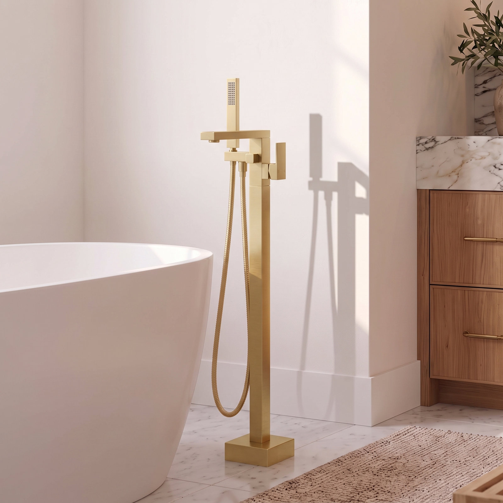 Cube Freestanding Tub Faucet with Diverter, Brushed Gold