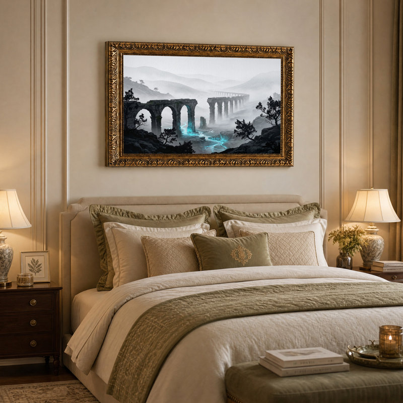 Tableau sur toile représentant des ponts de pierre de Misty Valley enjambant une rivière d'un bleu éclatant, 16"H x 24"W