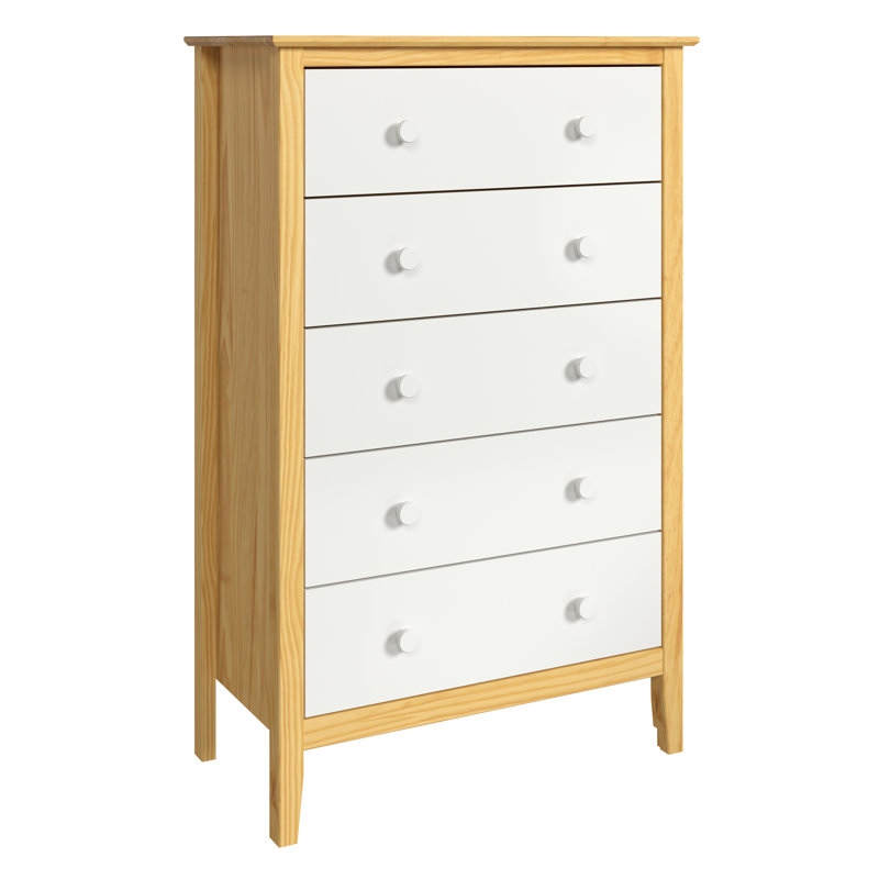 Commode en bois massif 5 tiroirs Marzi, Naturel / Blanc