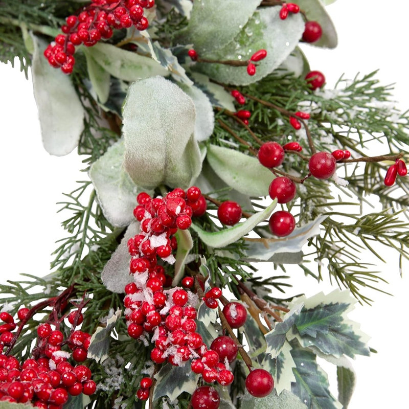 Couronne de Noël Lamb's Ear & Snowy - vert / blanc / rouge