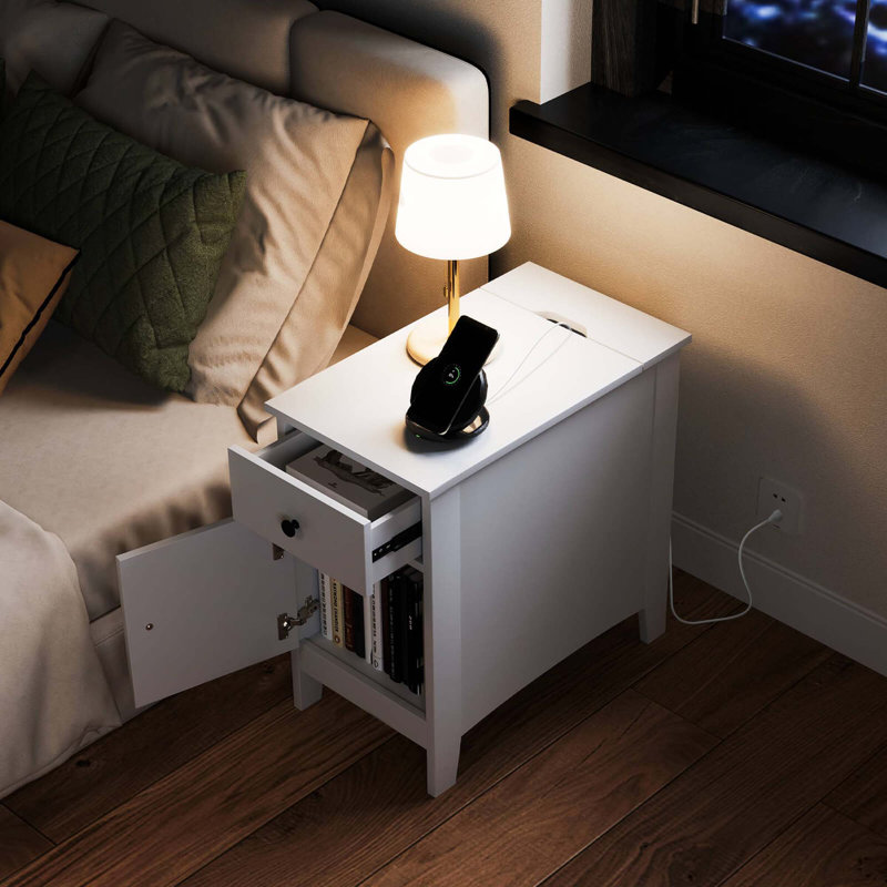 Table de bout avec station de charge Table de chevet rabattable avec ports et prises USB Blanc