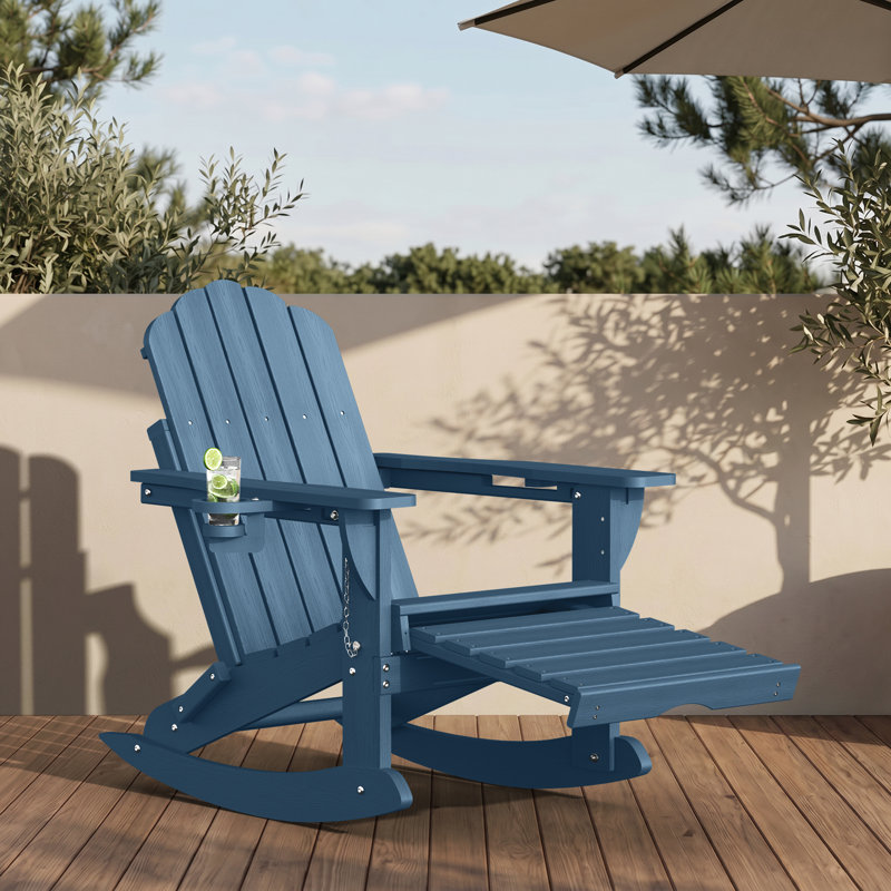 HDPE Foldable Adirondack Rocking Chairs with Retractable Ottoman, Navy Blue