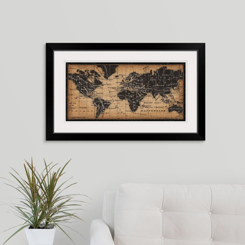 « Old World Map » par Pela Studio - impression d'art graphique, Cadre noir, H 20 po x l 32 po x P 1 po