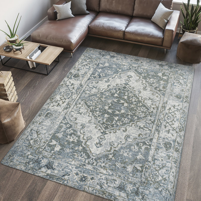 Pavel Distressed Medallion Low-Pile Machine-Washable Light Gray/Blue Rug, Rectangle 7'10" x 10'