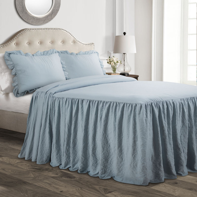 Reyna Microfiber Ruffle Skirt Bedspread Set , King Bedspread + 2 King Shams, Lake Blue