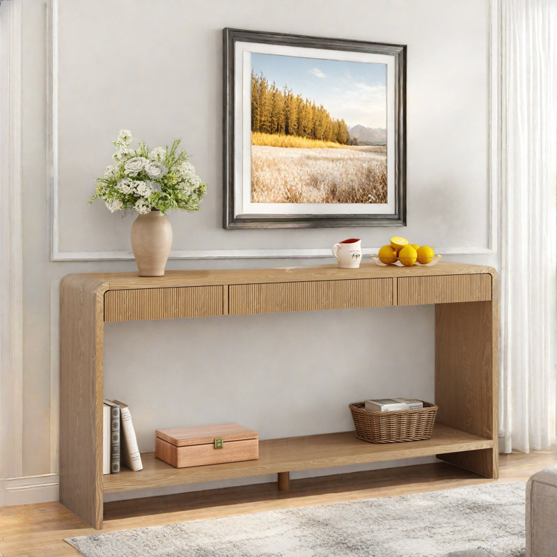 Modern Console Table With 3 Drawers, Vertical Slats And Round Edge Design, Brown