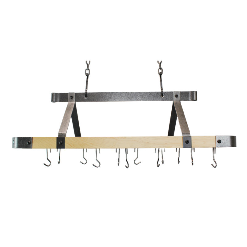 Signature 45" Oval Ceiling Pot Rack Hammered Steel w Maple & 18 Hooks