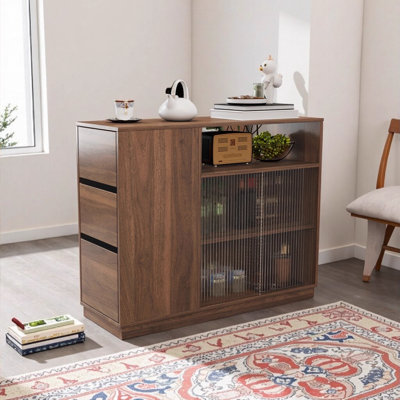Buffet de cuisine - Petit organisateur de comptoir avec 2 portes coulissantes en verre, 3 tiroirs latéraux et 1 petite tablette de présentation