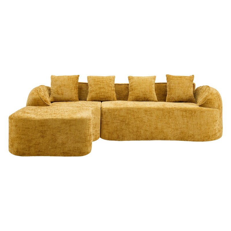 Chenille L-Shaped Sectionals Sofa With Four Pillows, Yellow Chenille