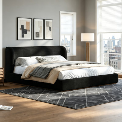 King Size Low-Profile Upholstered Platform Bed With Curved Headboard, Thick Boucle Fabric, And Sturdy Wood Slats