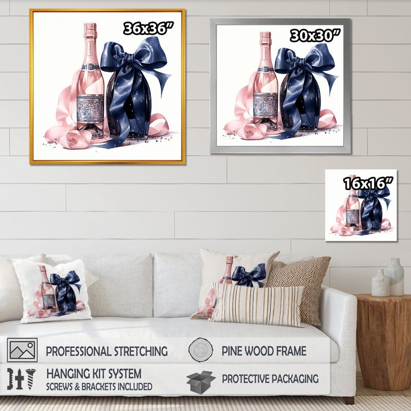 Mode rose et bleu champagne II - mode champagne, art mural, Cadre flottant doré, H 36 po x l 36 po x P 1,5 po