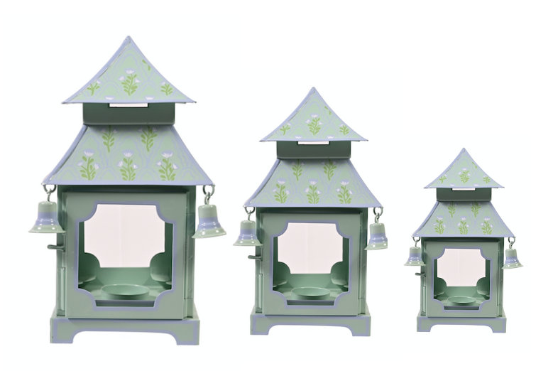 Sage Green & White Tulip Pagoda Lantern (3 Sizes), 11" H x 6" W x 6" D