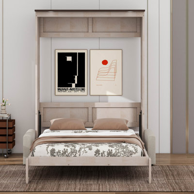 Grand lit escamotable avec canapé et lumières DEL, armoire murale peu encombrante, bois de pin massif robuste et cadre en bois aggloméré