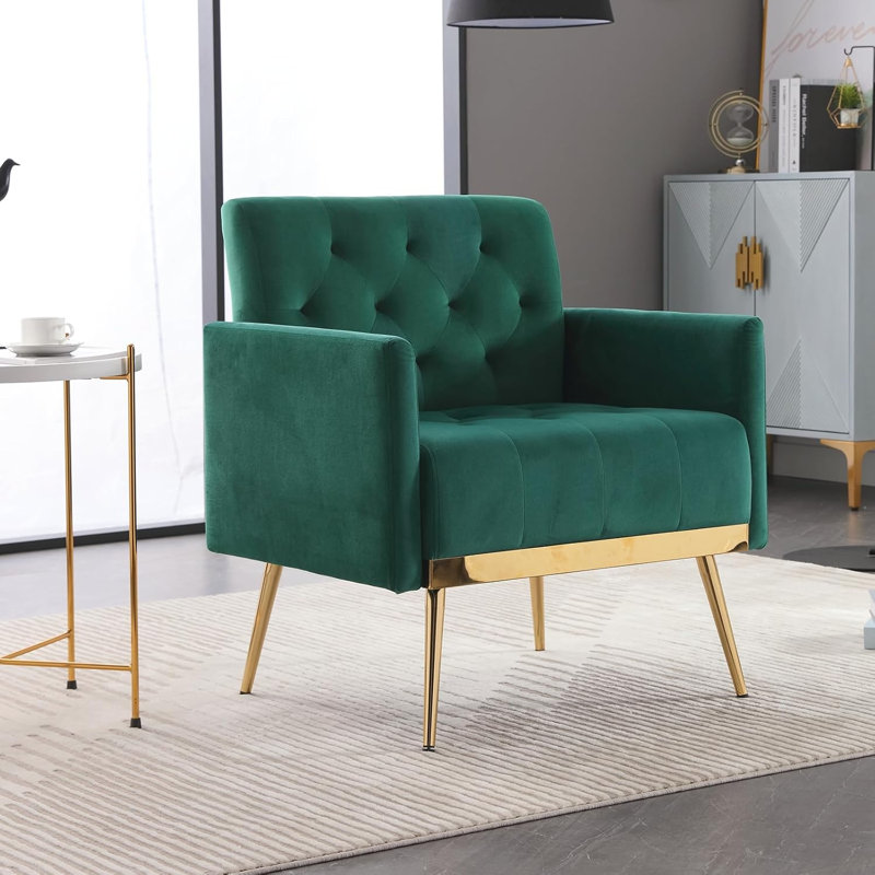 Velet Tufted Armchair With Gold Metal Legs, Green