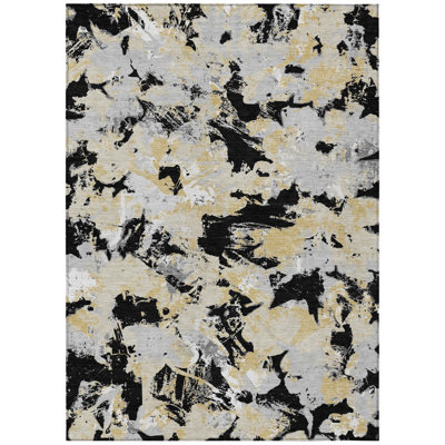 9' X 12' Black Gray And Light Brown Floral Washable Indoor Outdoor Area Rug