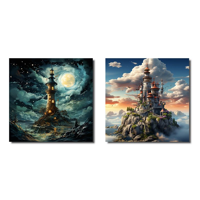 Fantasy Wizards Tower I - Fantasy Canvas Art Print Set Of 2, 16" H x 33" W x 1" D, Wrapped Canvas