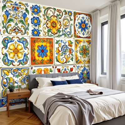 Papier peint adhésif mexicain à motif de carreaux floraux multicolores à motifs géométriques de style méditerranéen H 100 po x l 144 po, papier peint amovible en PVC, adhésif mural pour chambre à coucher, bureau à domicile